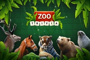 Dyr som hjort, hest, tiger, bjørn og sæl omgivet af grønne blade med teksten Zoo Trivia i midten