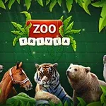Dyr som hjort, hest, tiger, bjørn og sæl omgivet af grønne blade med teksten Zoo Trivia i midten
