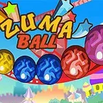 Farverige kugler i en rutsjebane med stjerner og teksten Zuma Ball over en tegnet baggrund