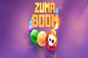Farverige kugler, der danner en slange, med en bombe og teksten Zuma Boom på en lilla baggrund