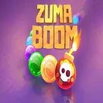 Farverige kugler, der danner en slange, med en bombe og teksten Zuma Boom på en lilla baggrund